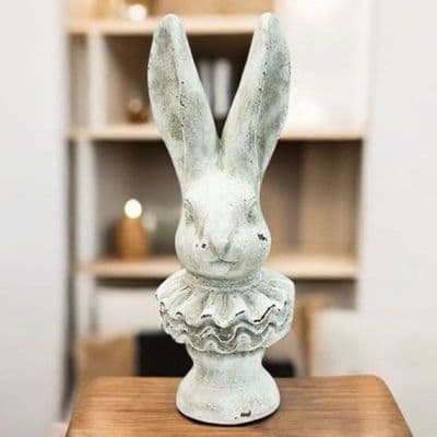37cm Tall Off White Stone Rabbit Bust Statue Figurine Ornament Distressed Aged