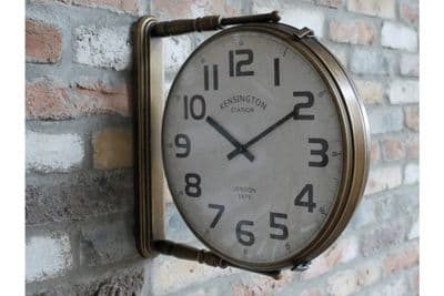 38cm Metal Wall Clock - Station Style Double Sided - Aged Gold Arabic Dial