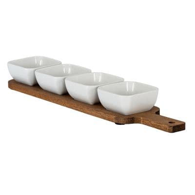 4 x Serving Nibbles Ceramic Bowls on 40cm Hardwood Base Gift