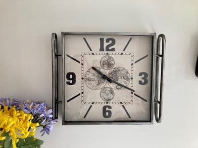 40cm Metal World Map Wall Clock - Arabic Dial  Distressed Silver Travelling Gift