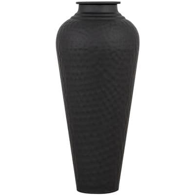 41cm Matt Black Hammered Vase With Lid - Metal Statement Piece Faux Flowers