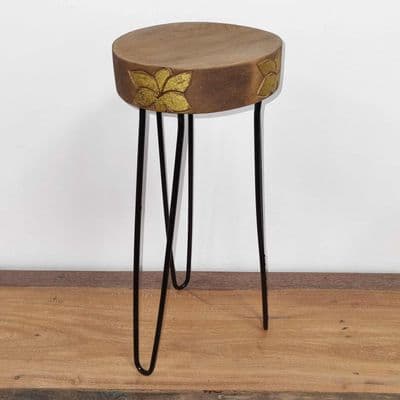 43cm Natural & Gold Plant Stand Occasional Side Table - Handmade in Wood & Metal