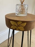 43cm Natural & Gold Plant Stand Occasional Side Table - Handmade in Wood & Metal