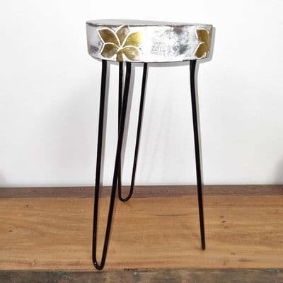 43cm Whitewashed Plant Stand Occasional Side Table - Handmade in Wood & Metal