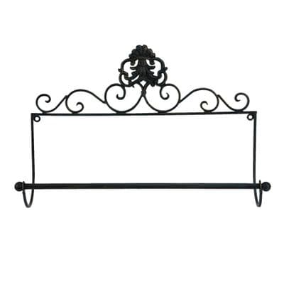 44cm Black Iron Kitchen Roll Holder - Filigree Metal Wall Mounted Design