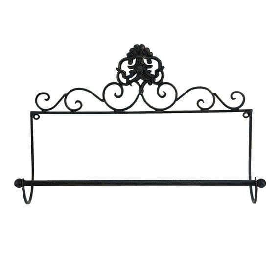 44cm Black Iron Kitchen Roll Holder - Filigree Metal Wall Mounted Design