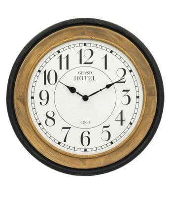 45cm Black Brown Wooden Wall Clock Deep Frame - Grand Hotel w/ Arabic Numerals