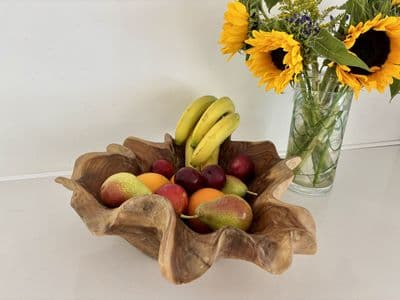 45cm Heavy Teak Root Wooden Bowl - Beautiful Scalloped Design Fruit Nuts