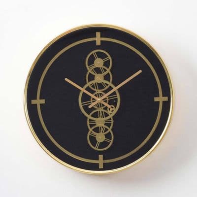 46cm Black & Gold Contemporary Wall Clock - Moving Gears Metal & Glass Gift