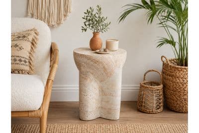 46cm Side Coffee Plant Occasional Table Stone Marble Effect Beige