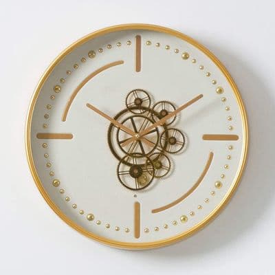 46cm White & Gold Contemporary Wall Clock - Moving Gears Metal & Glass Gift