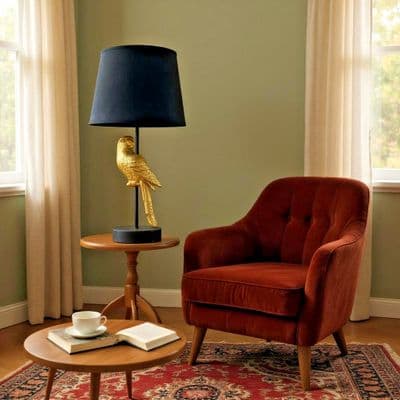 47cm Gold Parrot Table Lamp Light w/ Black Shade & Gold Inner E27 60w Bulb