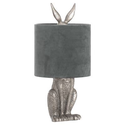 50cm Antique Silver Hare Rabbit Bedside Table Lamp with Grey Velvet Light Shade