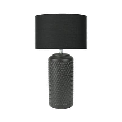 50cm Black Patterned Ceramic Table Buffet Ribbed Lamp Black Linen Shade E27 60w