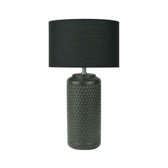 50cm Black Patterned Ceramic Table Buffet Ribbed Lamp Black Linen Shade E27 60w