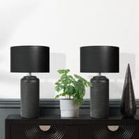 50cm Black Patterned Ceramic Table Buffet Ribbed Lamp Black Linen Shade E27 60w