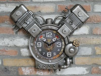 50cm Engine Wall Clock Novelty Metal Distressed Silver Gift Motorbike Petrolhead
