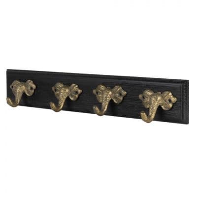 50cm Set 4 Gold & Black Wall Coat Robe Hooks - Wood & Metal Elephant Trunk