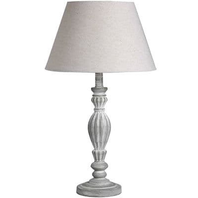 52cm Shabby Vintage Chic Grey Washed Wooden Bedside Moulded Lamp w Plain Shade