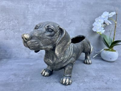 55cm Dacshund Sausage Dog Planter Plant Pot Holder Display Bronzed Grey