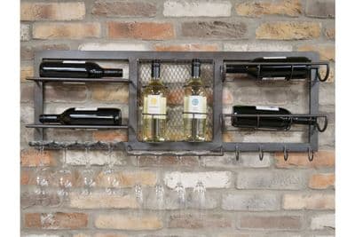6 Bottle Wall Wine Champagne Rack w/ Glass Holder  - Metal Industrial Style