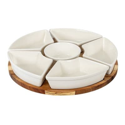 6 x Serving Nibbles Ceramic Bowls on 28cm Hardwood Lazy Susan Base Gift