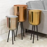 60% OFF!! Contemporary Set of 3 Brushed Copper Gold & Silver Metal Planters Pots