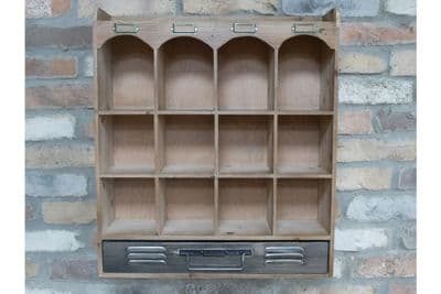 60cm 12 Wooden Cubby Hole Wall Unit Shelf w/ Metal Drawer Brown Shabby Chic