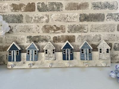 60cm Beach Hut Coat Hat Hook Hanger - Blue Wooden Wall Mounted Design