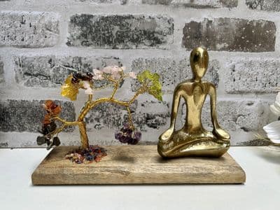 7 Seven Chakra Gemstone Tree Mudra Pose Yoga Figurine Tree Metal & Wood