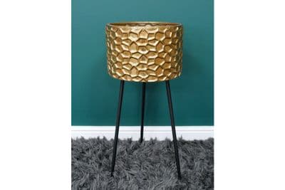 72cm Gold Ribbed Metal Tripod Planter - Freestanding - Contemporary Design