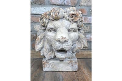 7KG Huge 44cm Lions Head Planter Plant Pot - Distressed Grey Stone Flower Pot