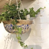 Aged Ceramic Blue & White Garden Flower Hanging Plant Pot Planter Fallen Fruits