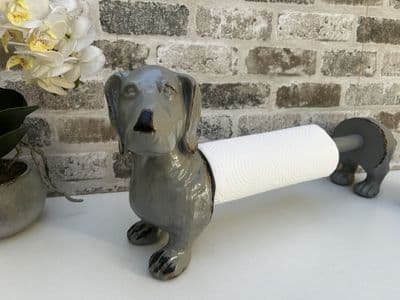 Aged Grey Dachshund Dog Kitchen Roll Holder - Novelty Fun Freestanding Gift