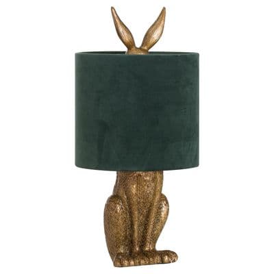 Antique Gold Hare Rabbit Table Lamp & Green Velvet Shade 50cm