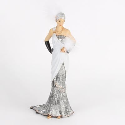 Art Deco 'Charleston' Resin Lady Silver & Black Dress Figurine Ornament 30 cm
