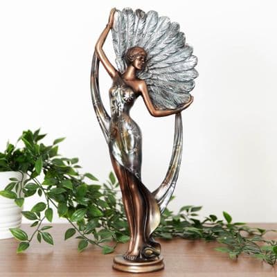 Art Deco Silhouette Bronze Lady Figurine Silver Dress Fan Ornament Figurine 37cm