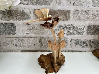 Assorted Mushrooms on Root Wooden Ornament w/ Dragonfly - Hand Crafted Teak Root