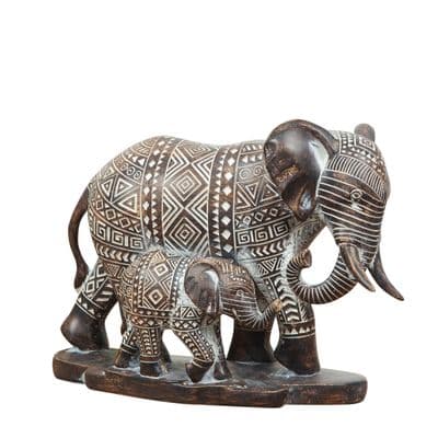 Aztec Patterned Elephant Mother & Baby Ornament Statue Ebony Finish