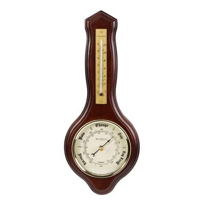 Banjo Style Wooden Wall Barometer and Thermometer Mahogany 34cm