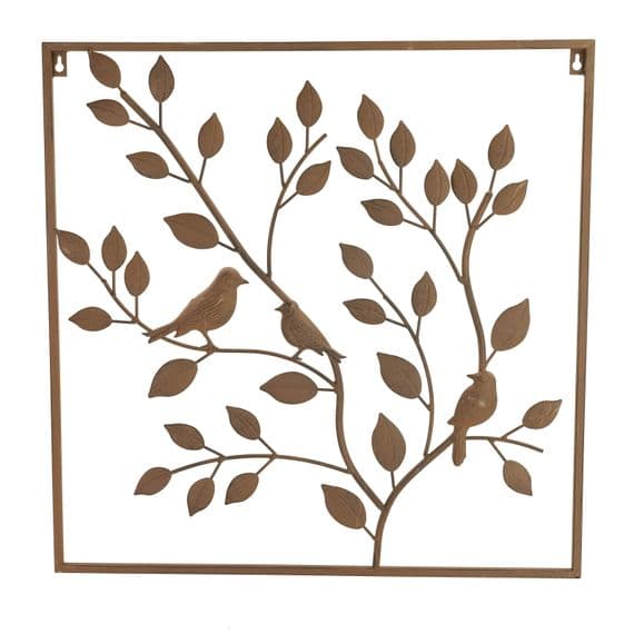 Birds in Tree Wall Art Decoration Mural - Large 60cm Distressed Brown Colour