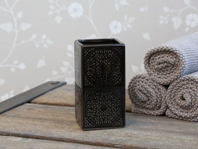 Black Ceramic Toothbrush Make up Holder Stand - Patterned Freestanding