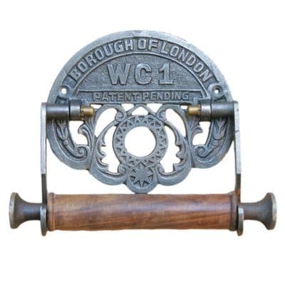 BROWN Cast Iron & Wood Toilet Roll Holder WC1 Borough of London Retro Design