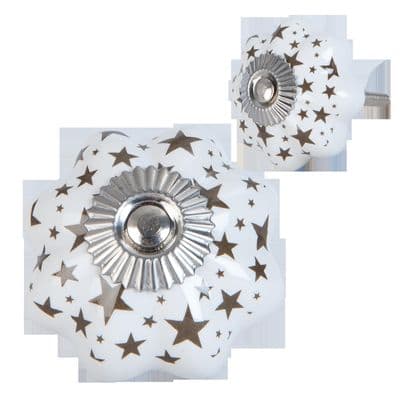 Brown & White Ceramic Flower Doorknob Drawer Knob Cabinet Pull w Stars