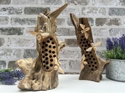 Bumblebees on Root Wooden Sculpture Ornament - Hand Crafted on Teak Root