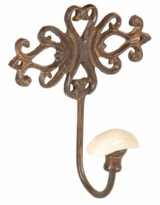 Cast Iron & Porcelain Vintage Style Hook Peg for Hat & Coat Hanger