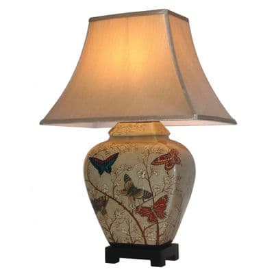 Ceramic Table Buffet Lamp Dk Cream Chinese Mandarin Oriental Butterfly Blossom