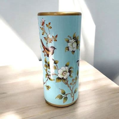 Ceramic Umbrella Stand Stick Holder 44cm Tall Round Green Blue Gold Birds Flower