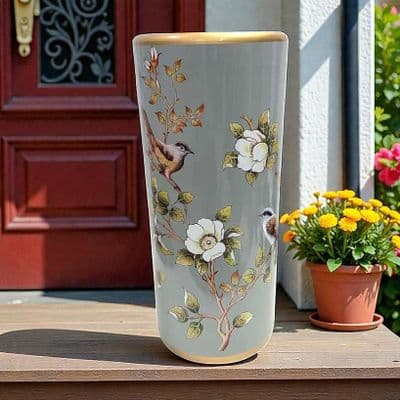 Ceramic Umbrella Stand Stick Holder 44cm Tall Round Green Gold Birds Flowers