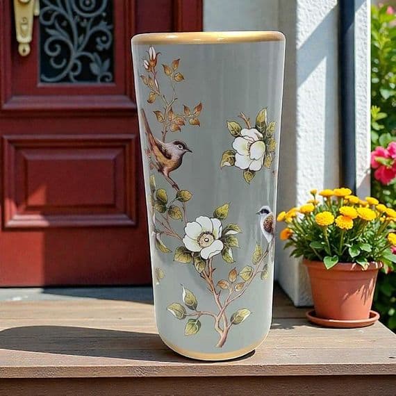 Ceramic Umbrella Stand Stick Holder 44cm Tall Round Green Gold Birds Flowers